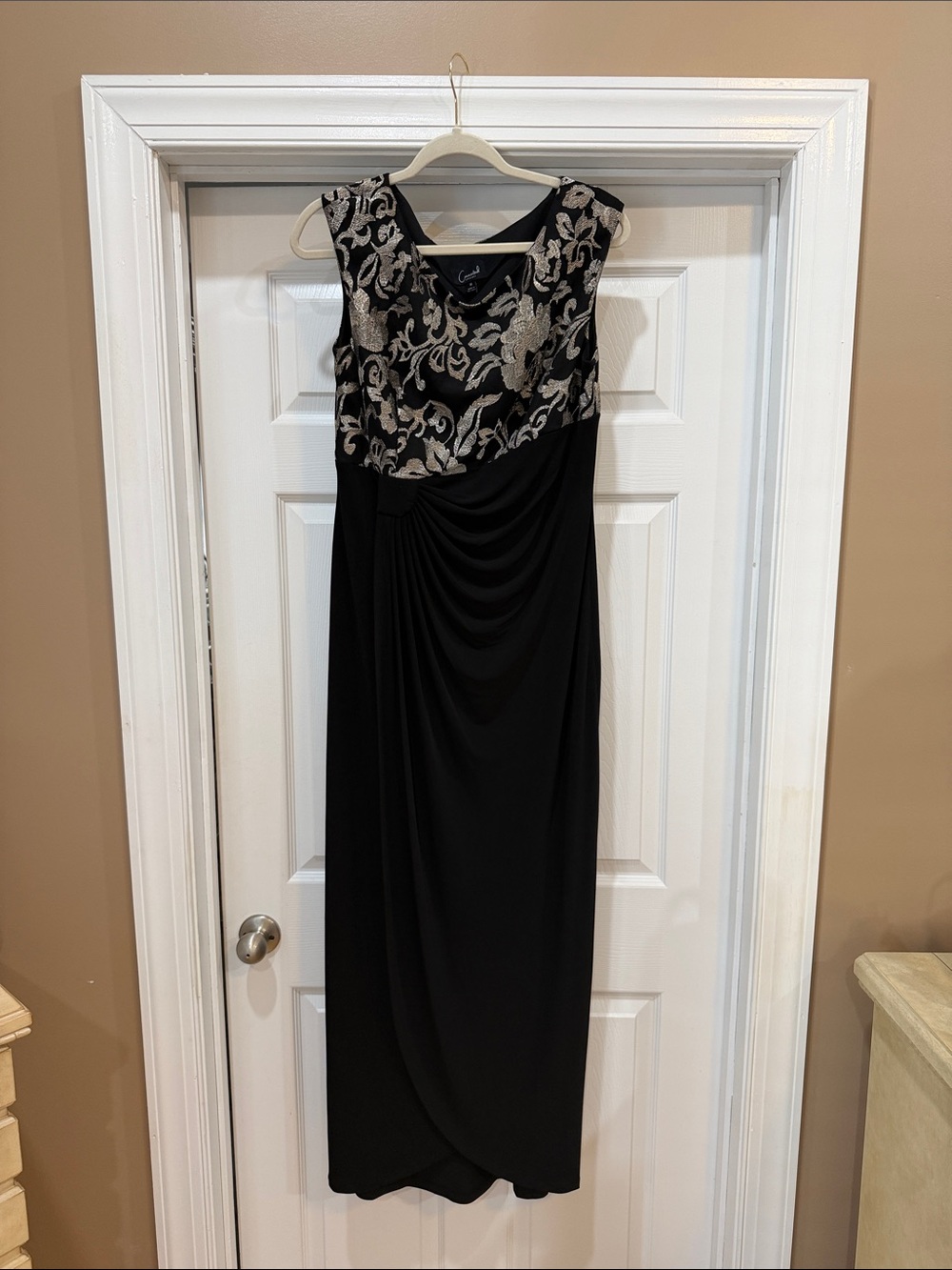 Connected Apparel Black Maxi Dress with Silver Floral Bodice. Slip on.